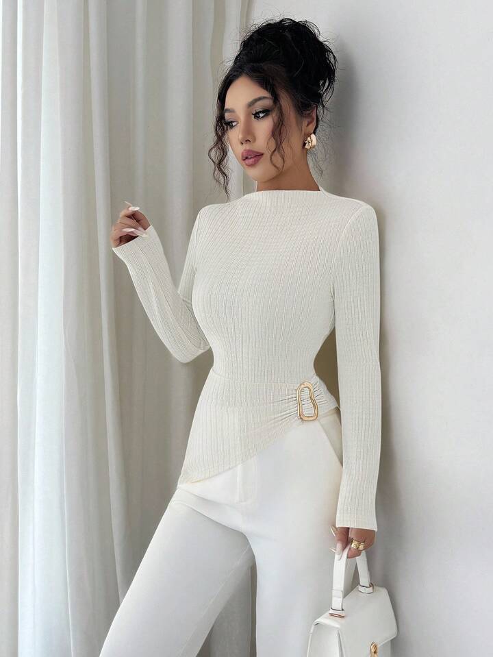 Long sleeve ribbed knit high neck top in cream