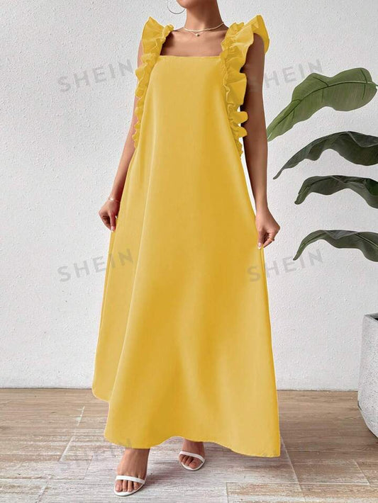 Loose fit ruffle trim everyday dress in yellow