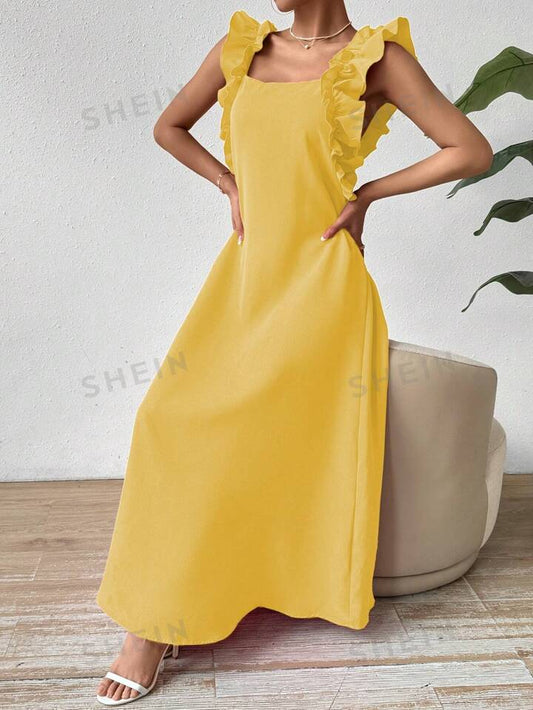 Loose fit ruffle trim everyday dress in yellow