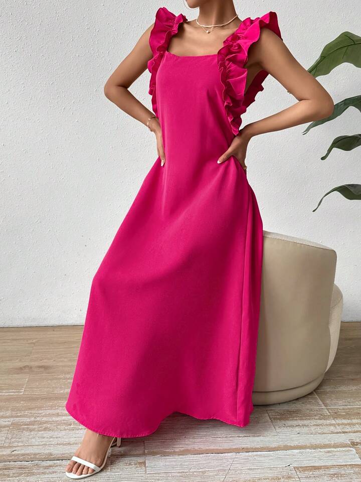 Loose fit ruffle trim maxi dress in pink