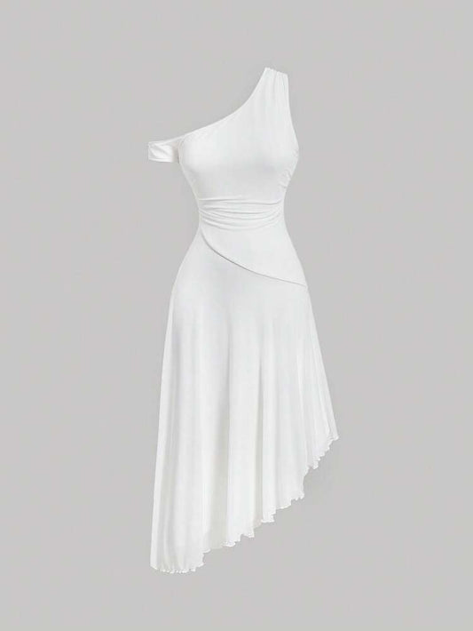 MOD asymmetrical neck dress in white