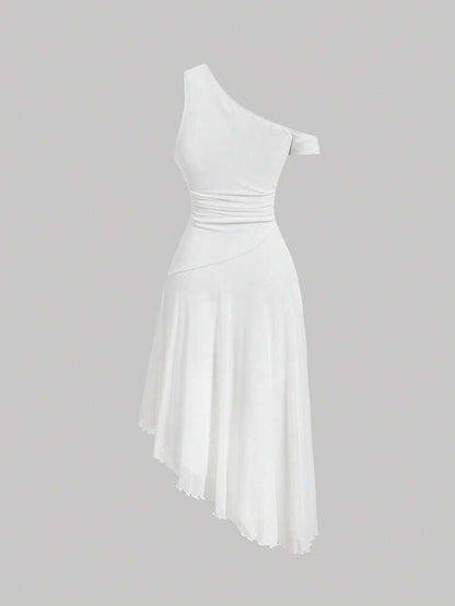 MOD asymmetrical neck dress in white