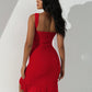 Mesh double ruffle bodycon in red