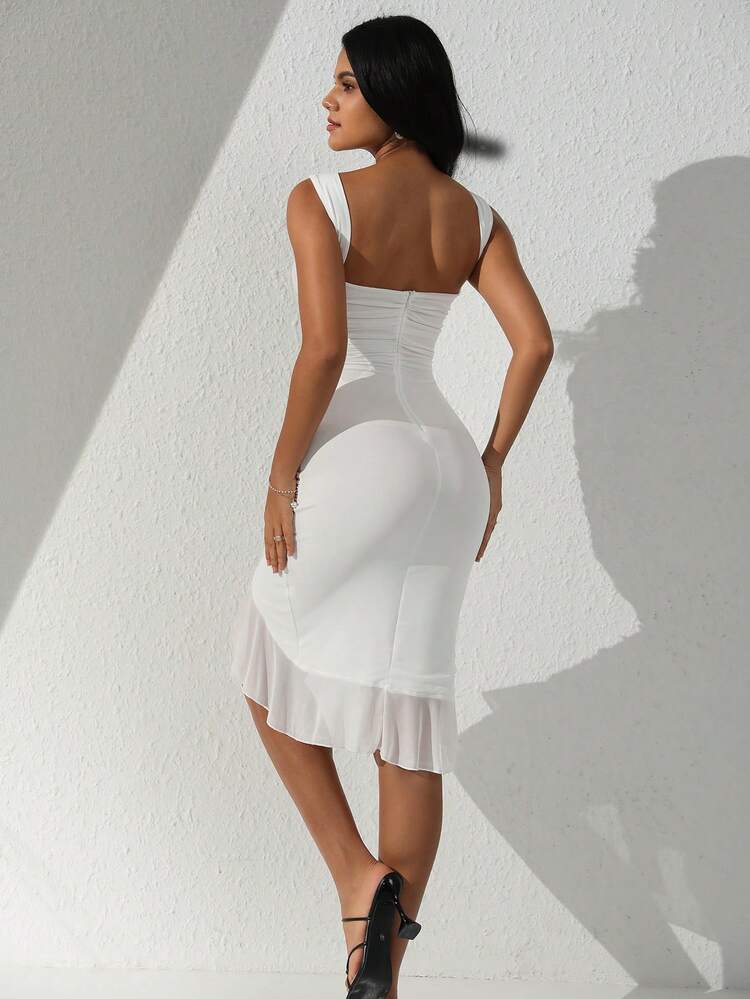 Mesh double ruffle bodycon in white
