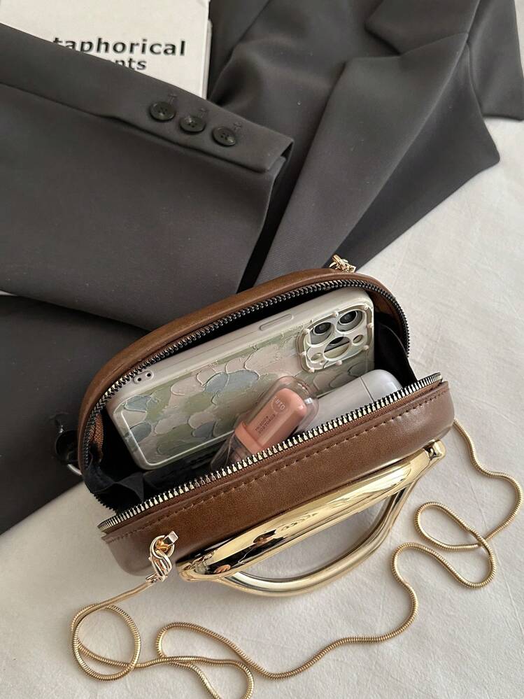 Metal accent personalized handbag in brown