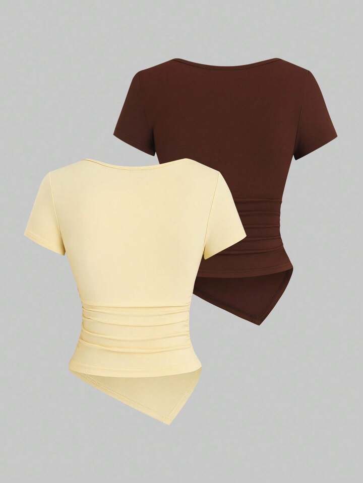 Metal decor asymmetrical plain t-shirt in yellow