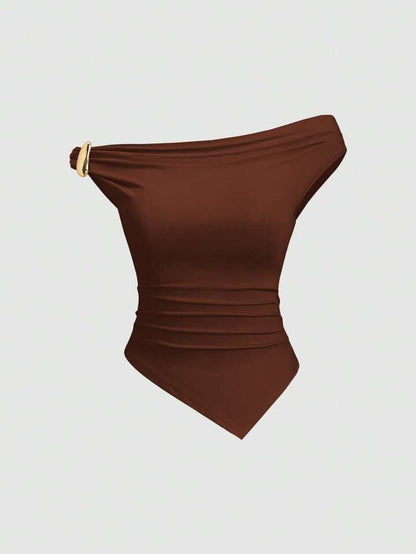 Metal decor twist hem asymmetric top in brown