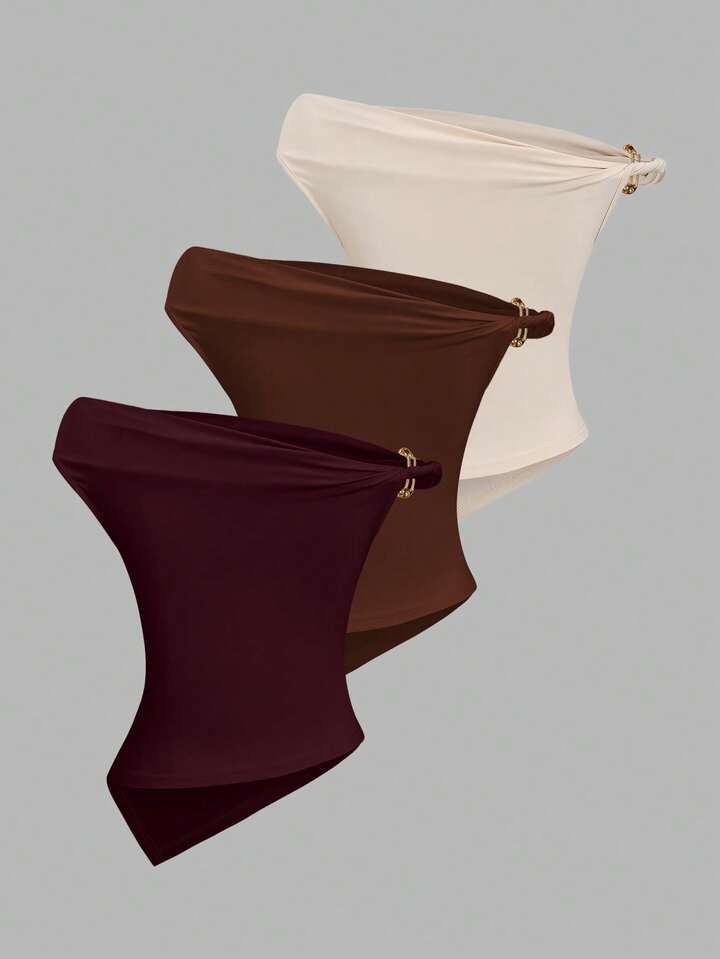 Metal decor twist hem asymmetric top in brown