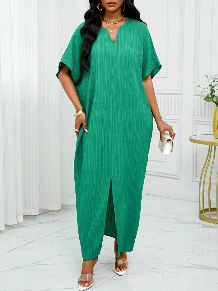 Notched batwing sleeve maxi in green