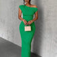 Oblique one shoulder off shoulder front pleated dress in green