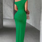 Oblique one shoulder off shoulder front pleated dress in green