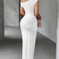 Oblique one shoulder off shoulder front pleated dress in white