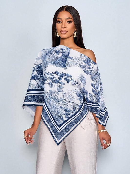 Oblique shoulder asymmetrical hem blouse in navy