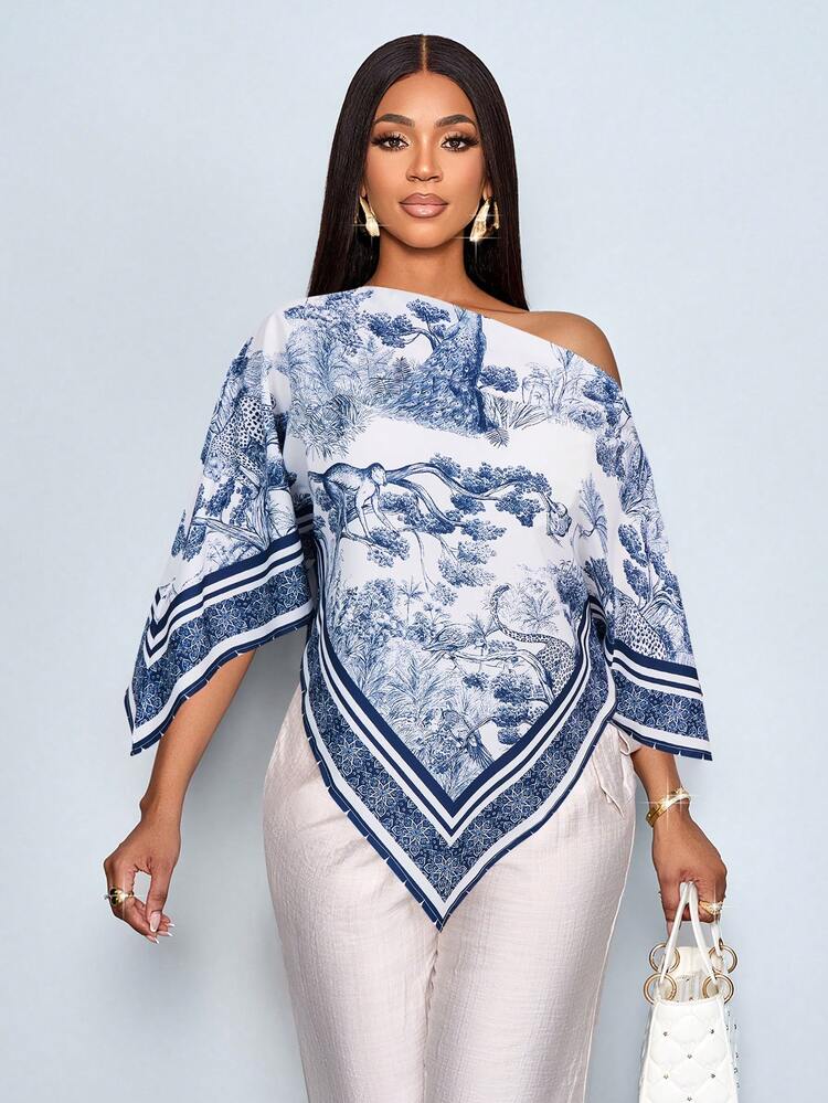 Oblique shoulder asymmetrical hem blouse in navy
