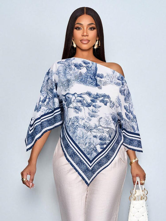 Oblique shoulder asymmetrical hem blouse in navy