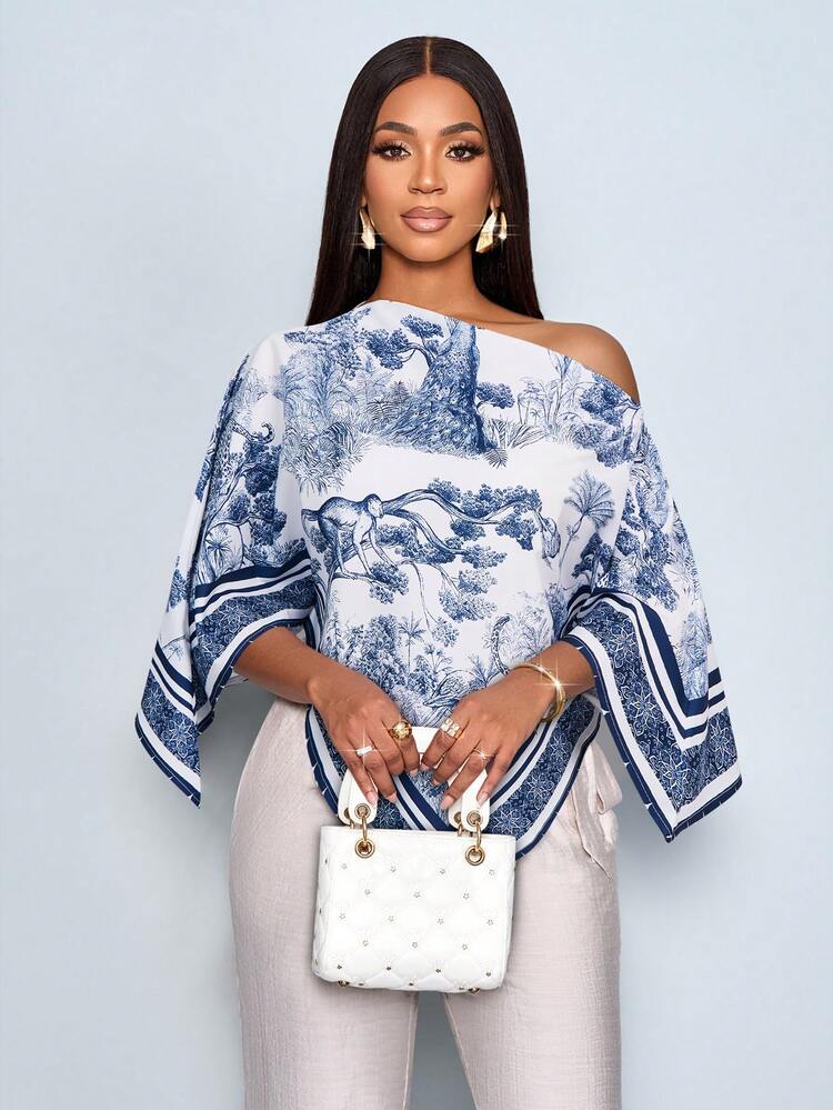 Oblique shoulder asymmetrical hem blouse in navy