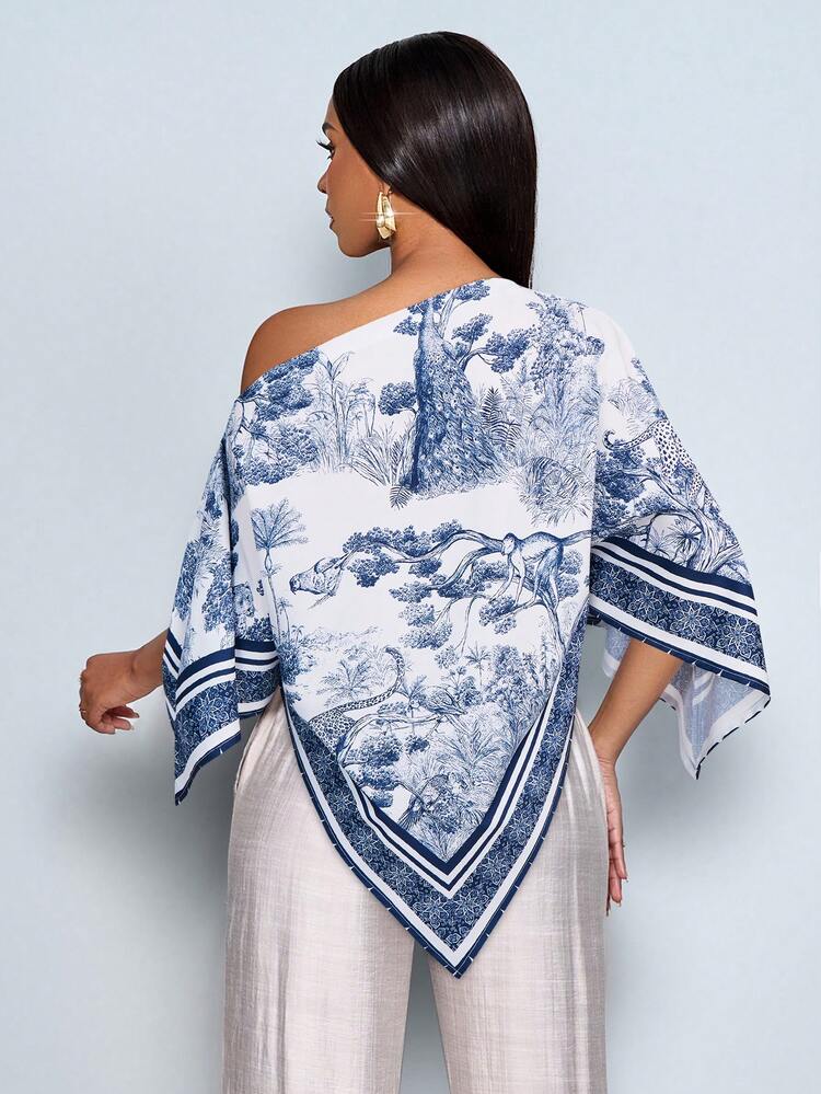 Oblique shoulder asymmetrical hem blouse in navy