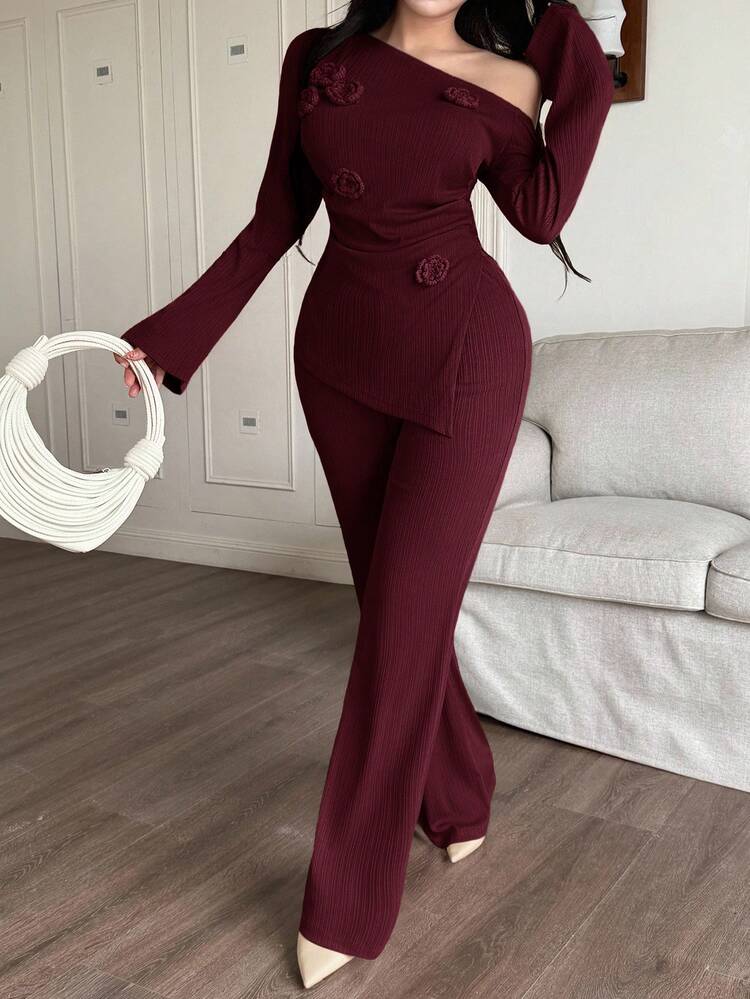 Oblique shoulder top & pant 2 piece in burgundy