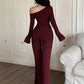Oblique shoulder top & pant 2 piece in burgundy