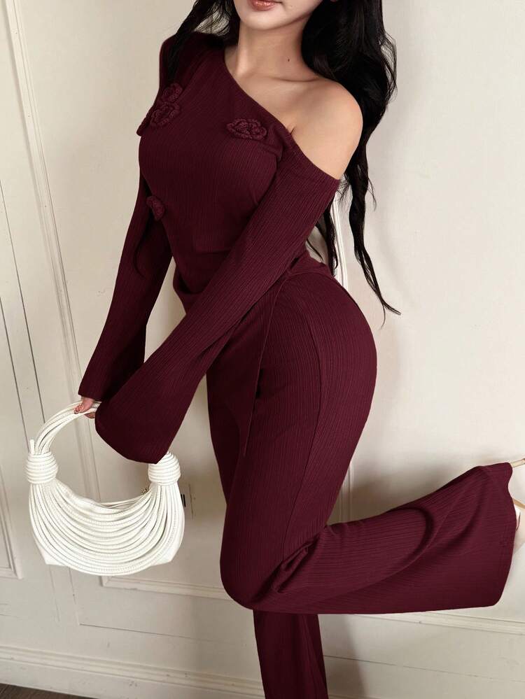Oblique shoulder top & pant 2 piece in burgundy