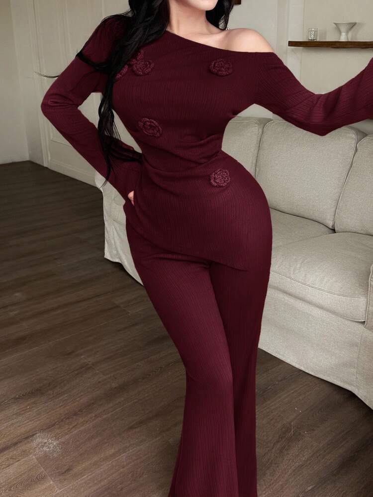 Oblique shoulder top & pant 2 piece in burgundy