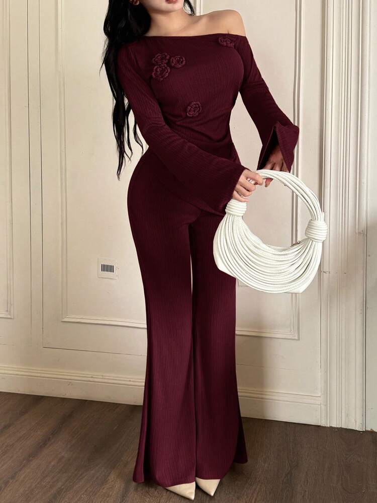 Oblique shoulder top & pant 2 piece in burgundy