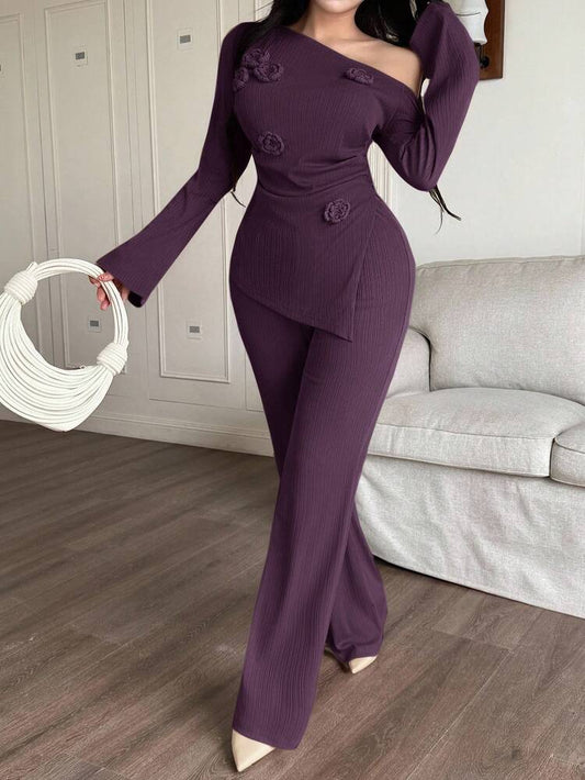 Oblique shoulder top & pant 2 piece in purple