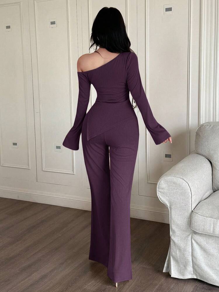 Oblique shoulder top & pant 2 piece in purple