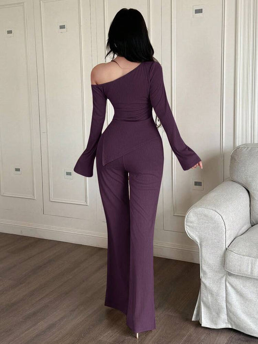 Oblique shoulder top & pant 2 piece in purple