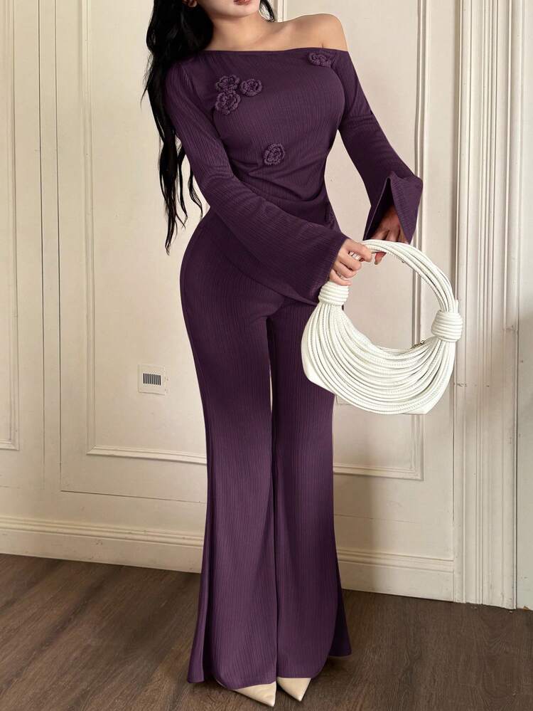 Oblique shoulder top & pant 2 piece in purple