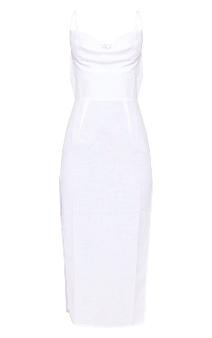 Off white linen cowl neck binding detail midaxi dress