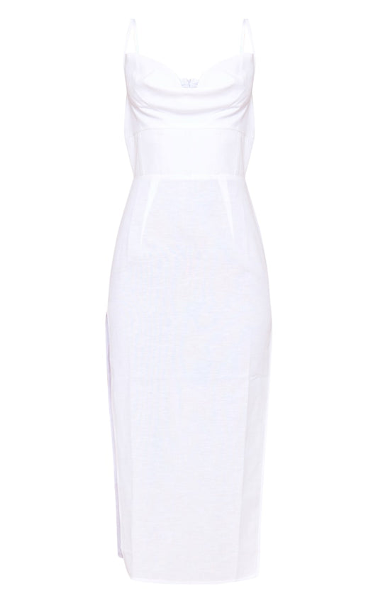 Off white linen cowl neck binding detail midaxi dress