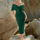 Off shoulder foldover belted bandage dress in green
