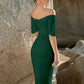 Off shoulder foldover belted bandage dress in green