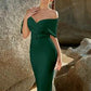 Off shoulder foldover belted bandage dress in green