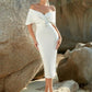 Off shoulder foldover belted bandage dress in white