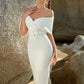 Off shoulder foldover belted bandage dress in white