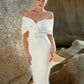 Off shoulder foldover belted bandage dress in white