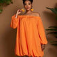 Off shoulder long sleeve elastic waist mini dress in orange