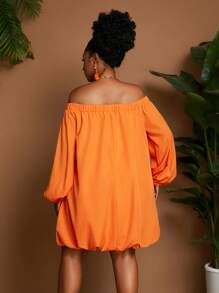 Off shoulder long sleeve elastic waist mini dress in orange