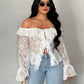 Off shoulder open front long sleeve blouse in white