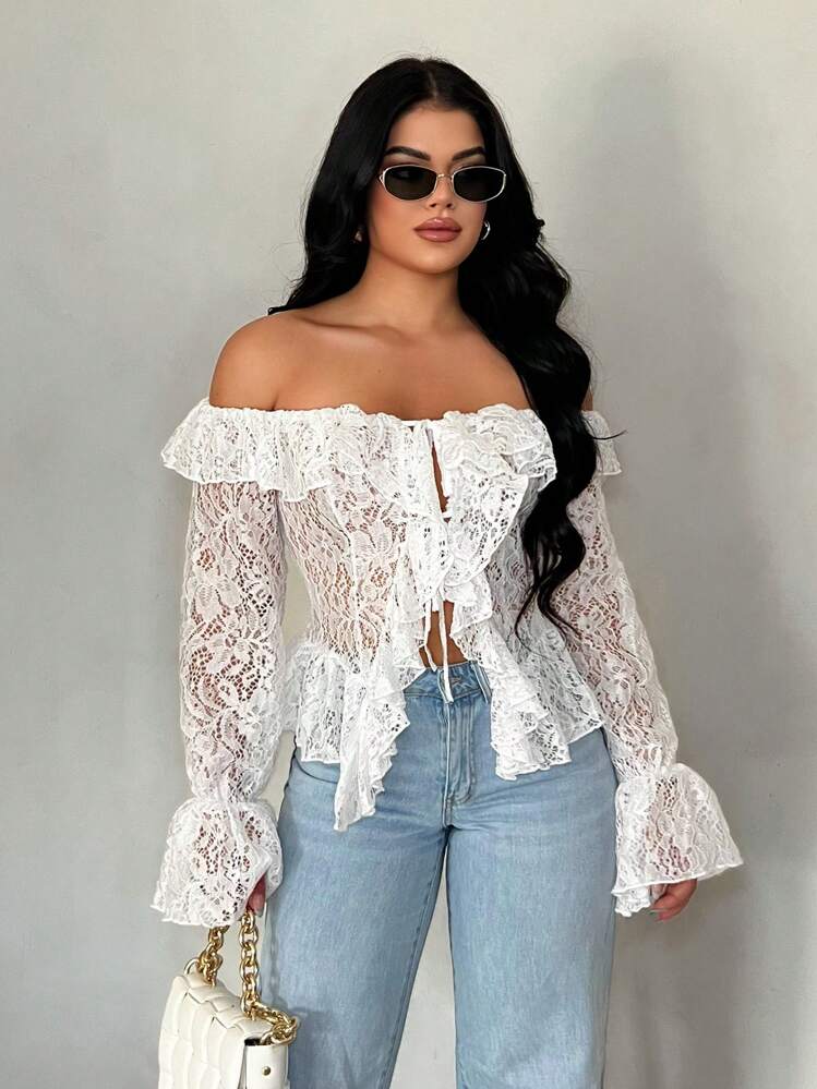 Off shoulder open front long sleeve blouse in white