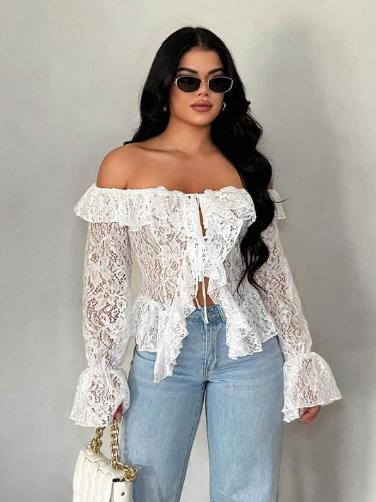 Off shoulder open front long sleeve blouse in white