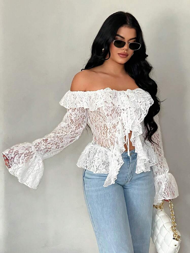 Off shoulder open front long sleeve blouse in white
