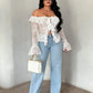 Off shoulder open front long sleeve blouse in white