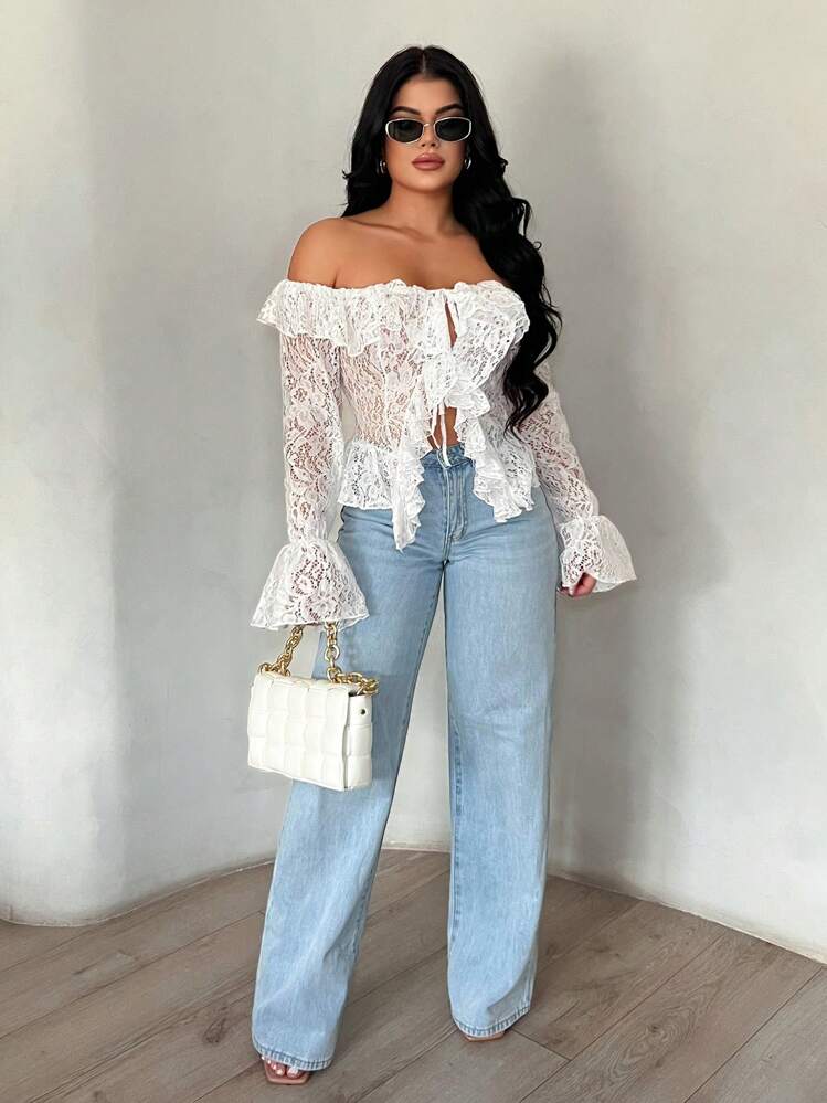 Off shoulder open front long sleeve blouse in white