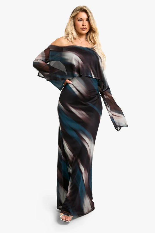 Off shoulder printed mesh maxi dress in multi