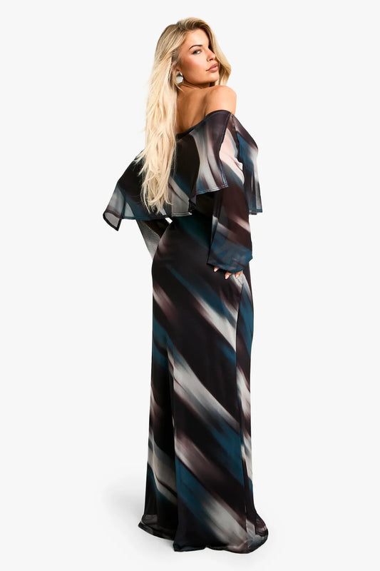 Off shoulder printed mesh maxi dress in multi