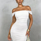 Off shoulder ruched long dress in white