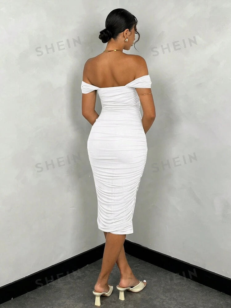 Off shoulder ruched long dress in white